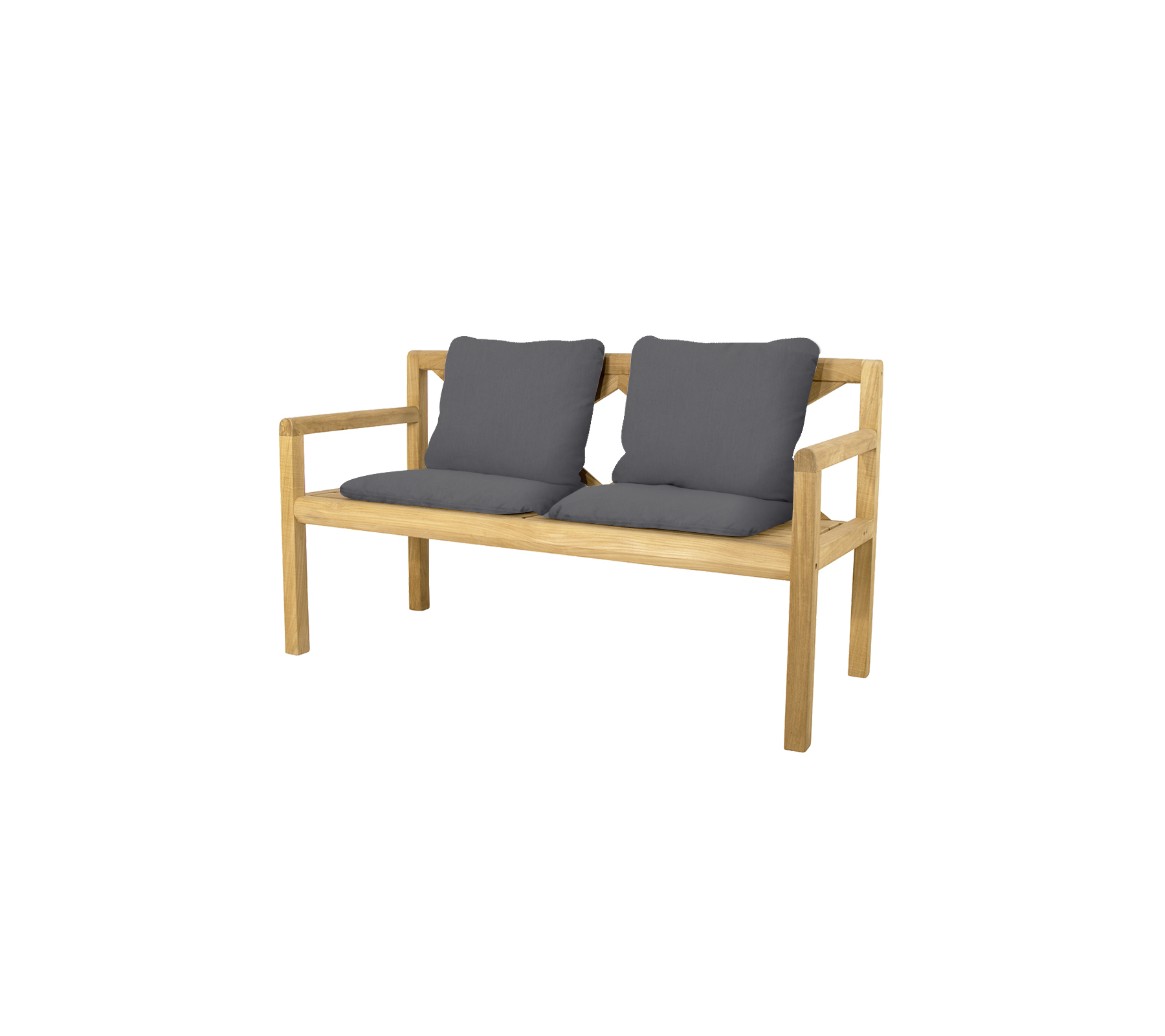 Elegant two-person bench featuring a natural wood frame and soft gray cushions for comfort. Perfect for relaxing or socializing.