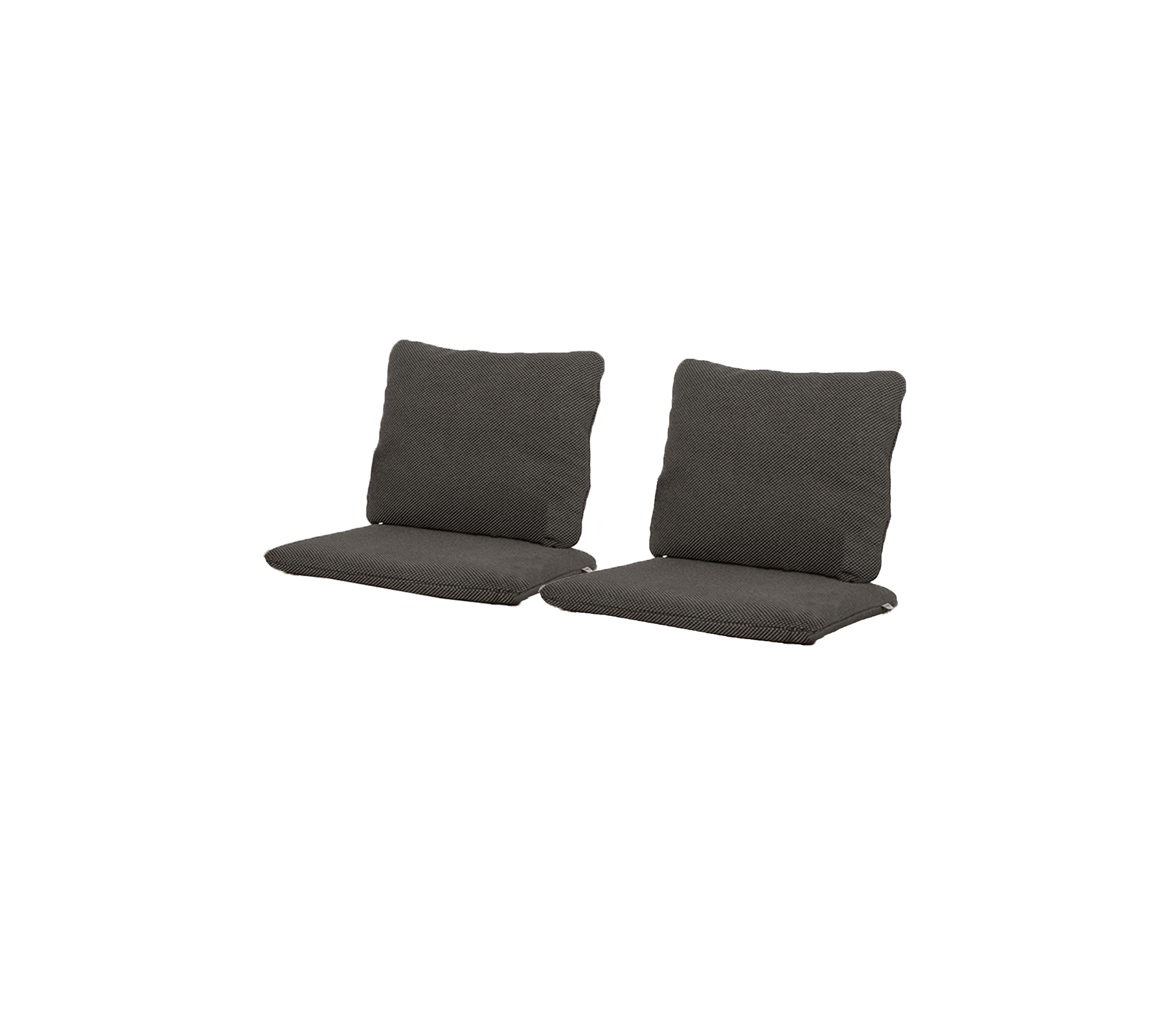 Two dark gray cushions designed for seating, featuring soft backs and seat portions for comfort. Ideal for enhancing relaxation.