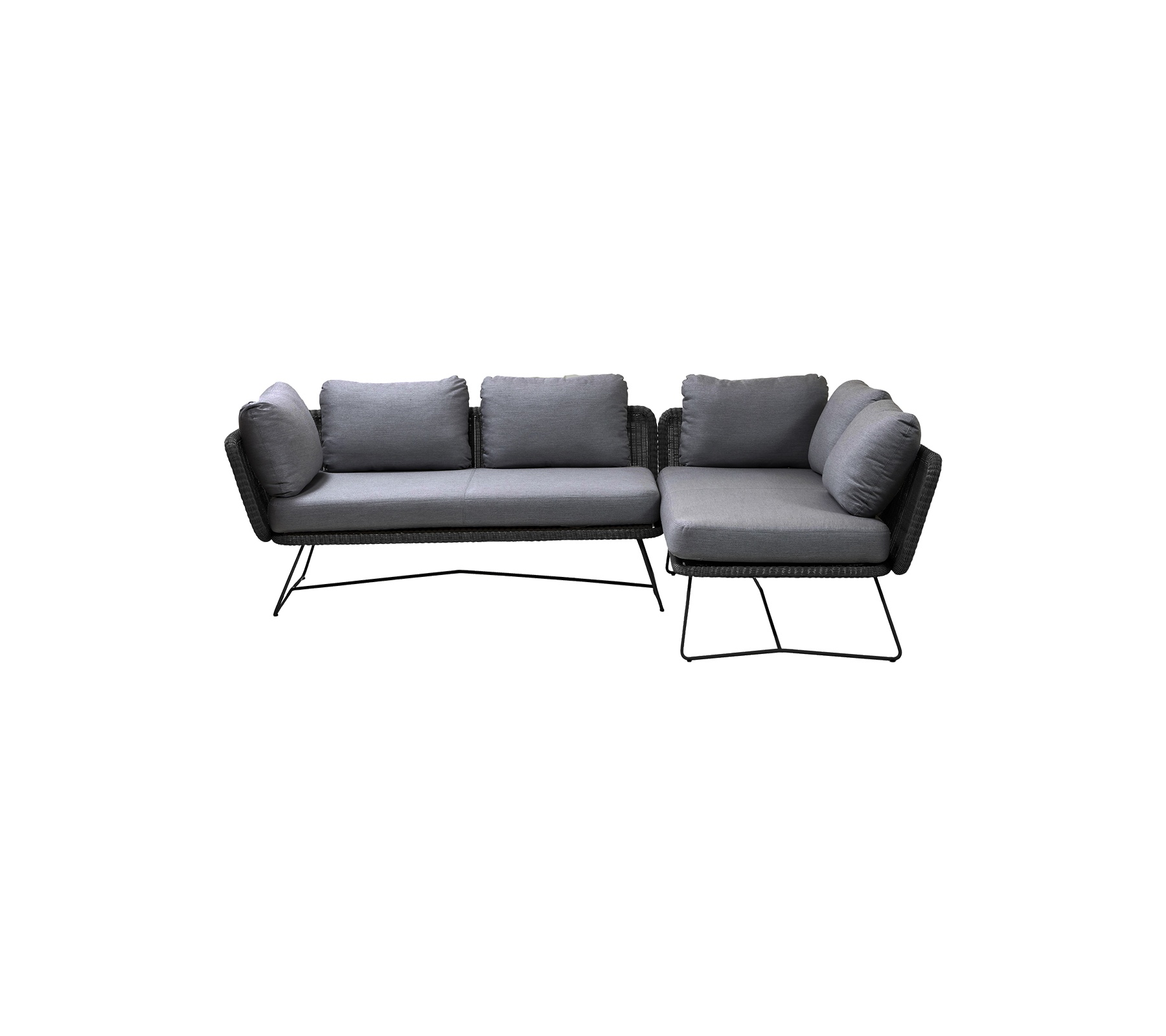 Stylish black-framed sectional sofa with plush gray cushions, featuring a modern design suitable for various spaces.