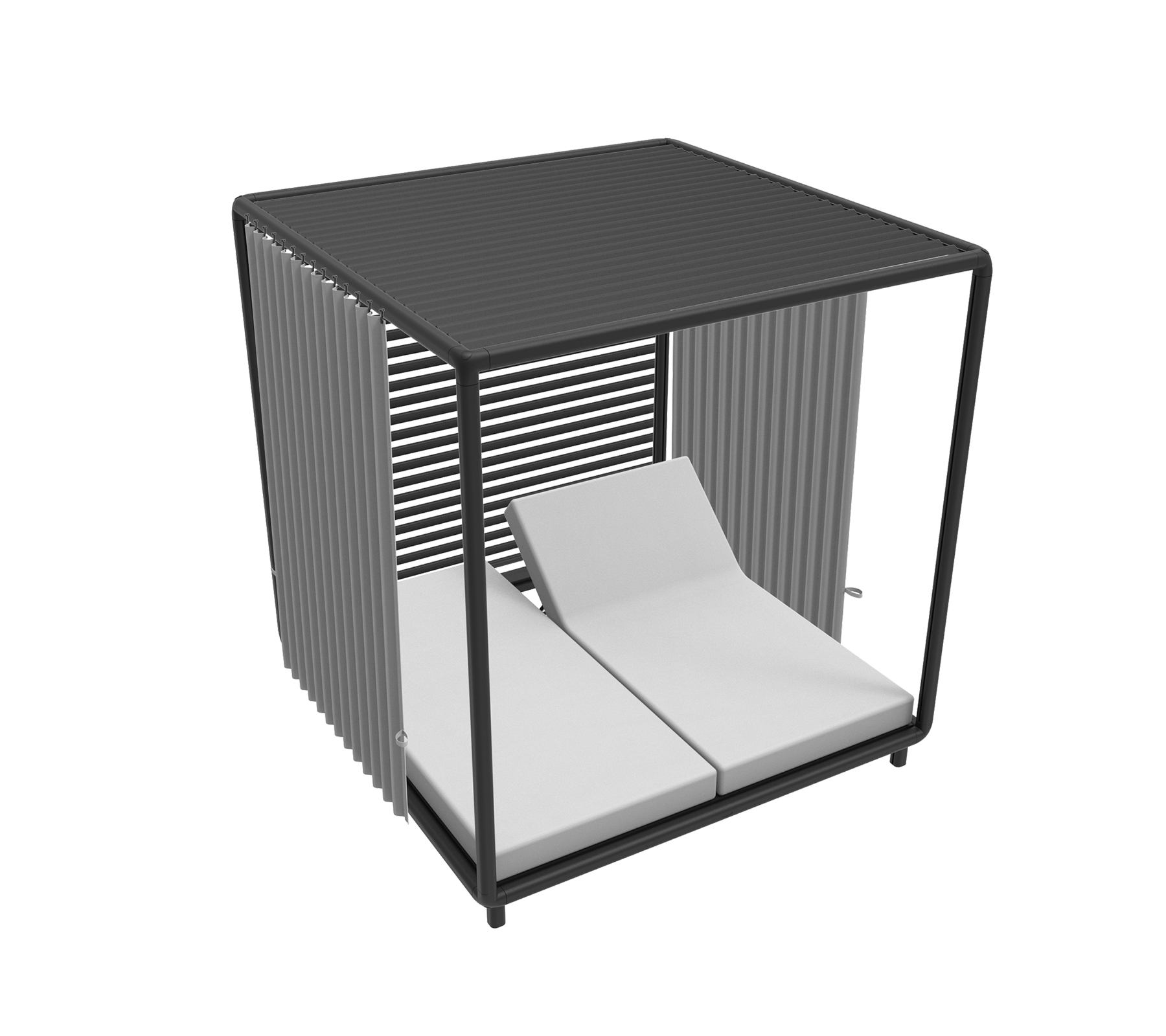 Stylish cabana featuring a modern design with two cushioned loungers and sleek vertical slats for a contemporary look.