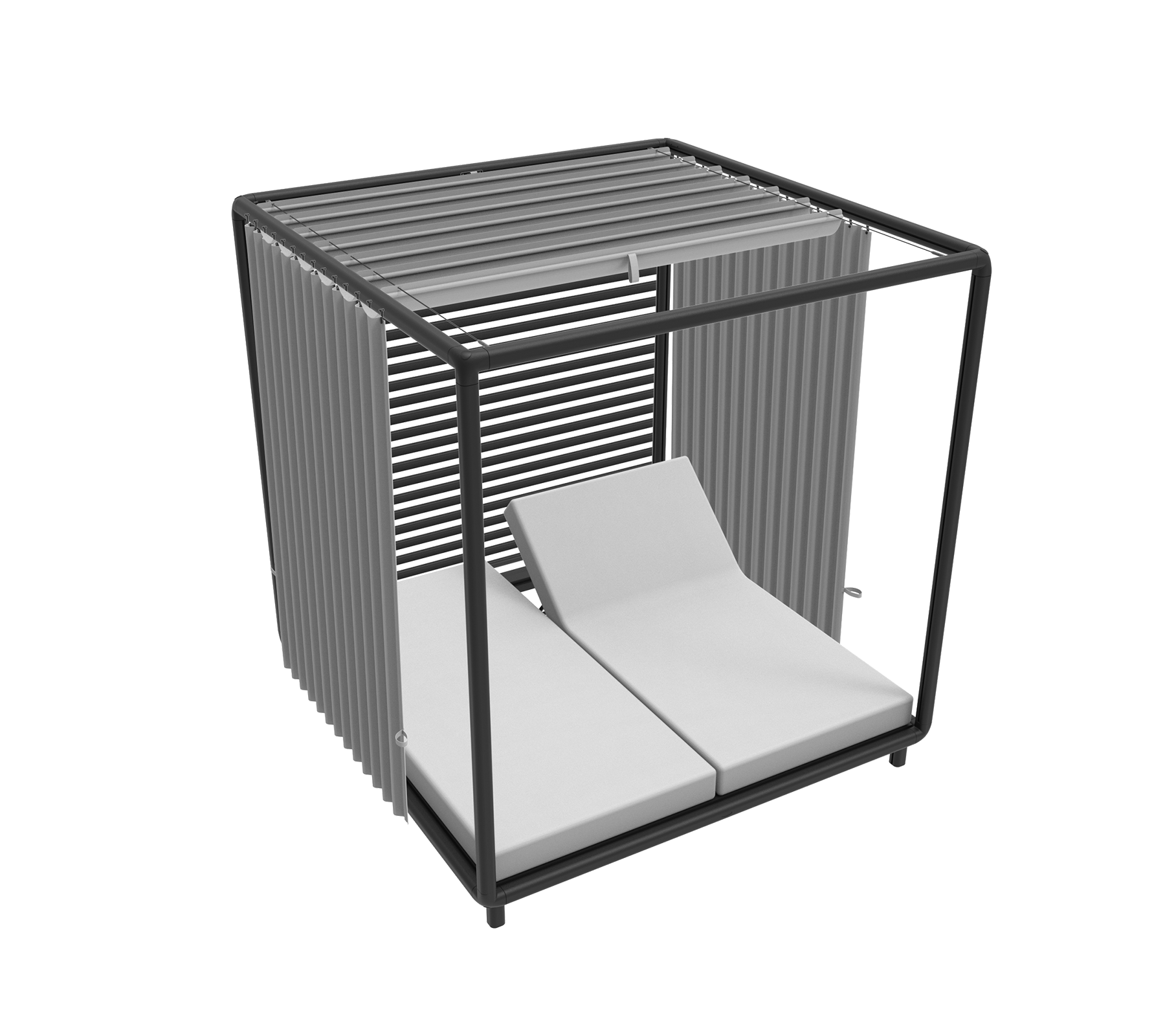 Stylish cabana featuring a sleek frame and two comfortable lounge seats ideal for relaxation and sunbathing.