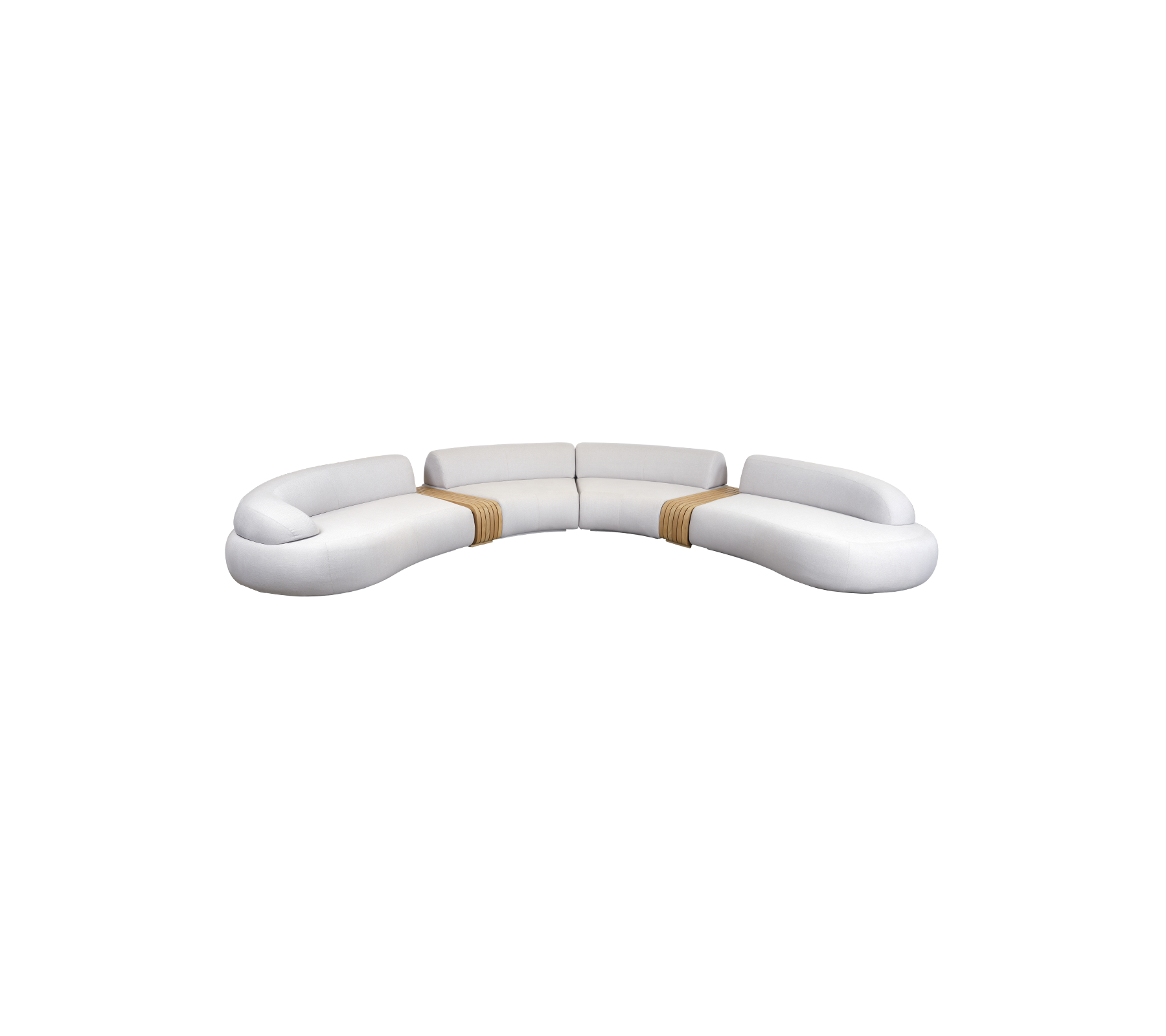 Curved white sofa with smooth lines and wooden accents, designed for comfort and modern aesthetics. Ideal for any living space.