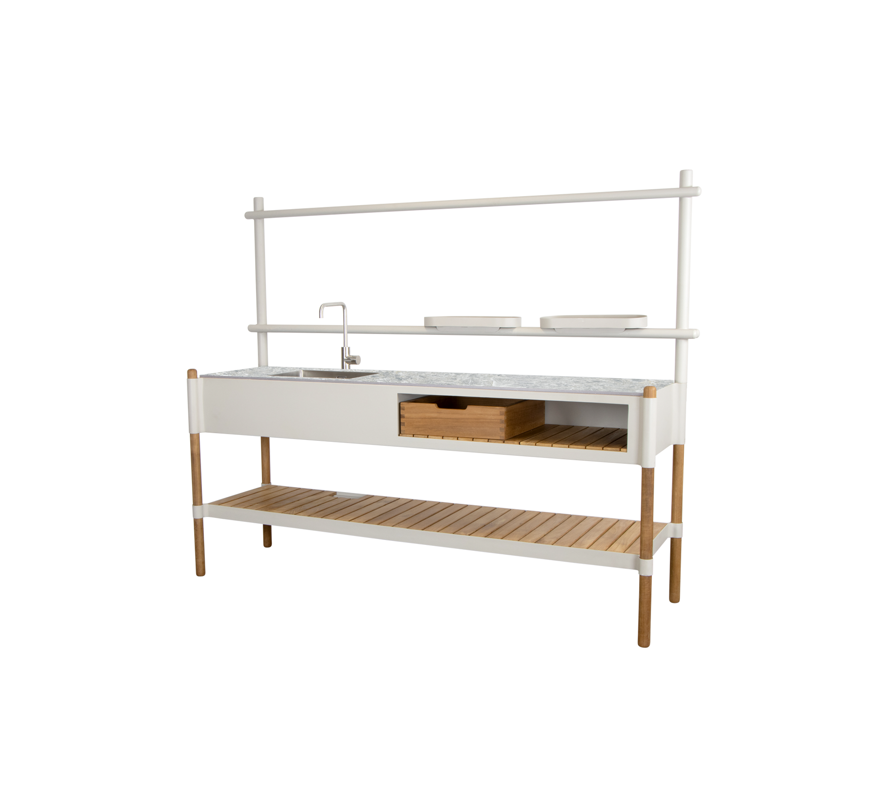 Modern kitchen unit featuring a marble countertop, storage drawers, and an open shelf supported by wooden legs.