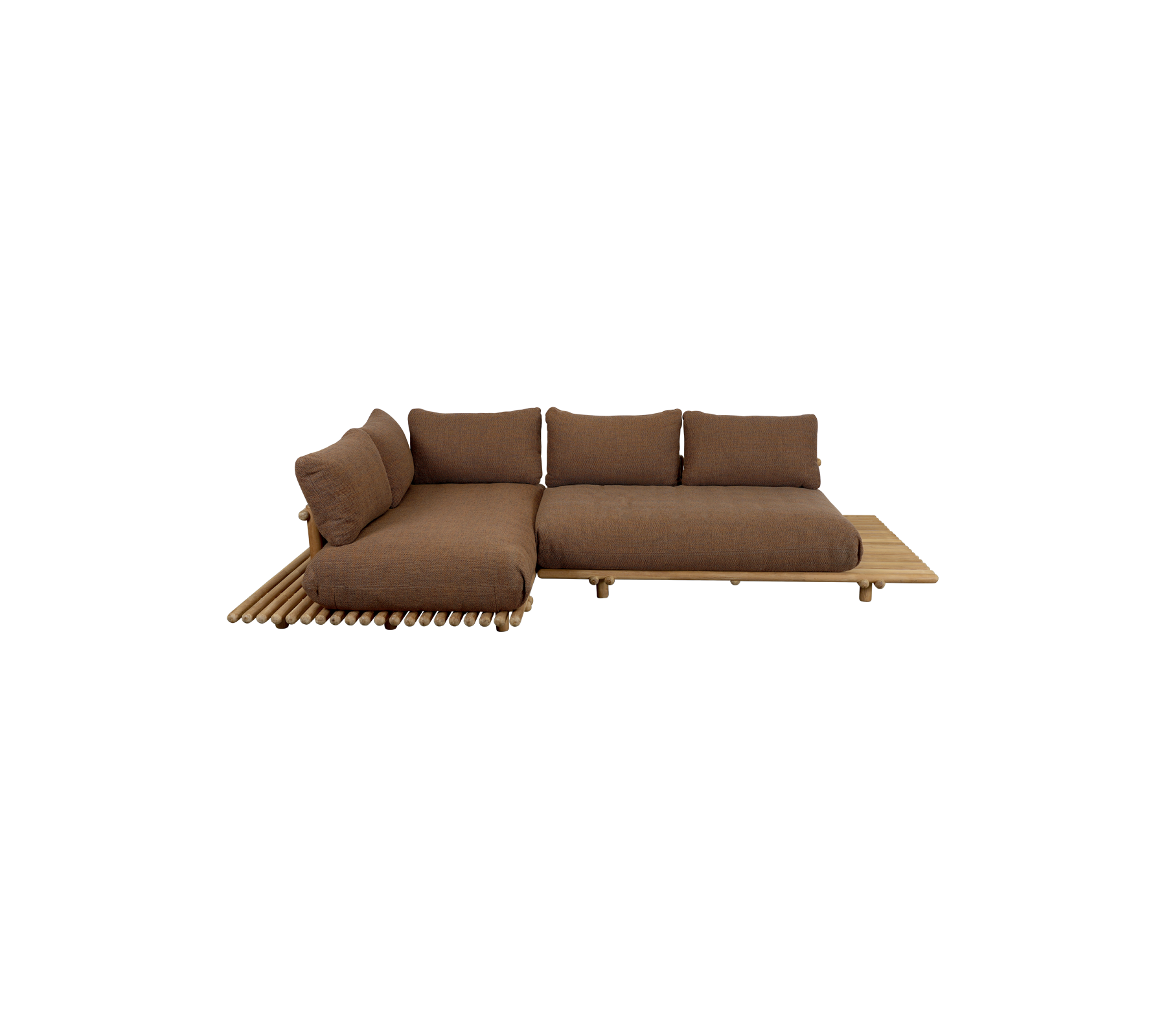 Modern sectional sofa with a deep brown fabric and wooden base, featuring plush cushions for comfort and stylish design.