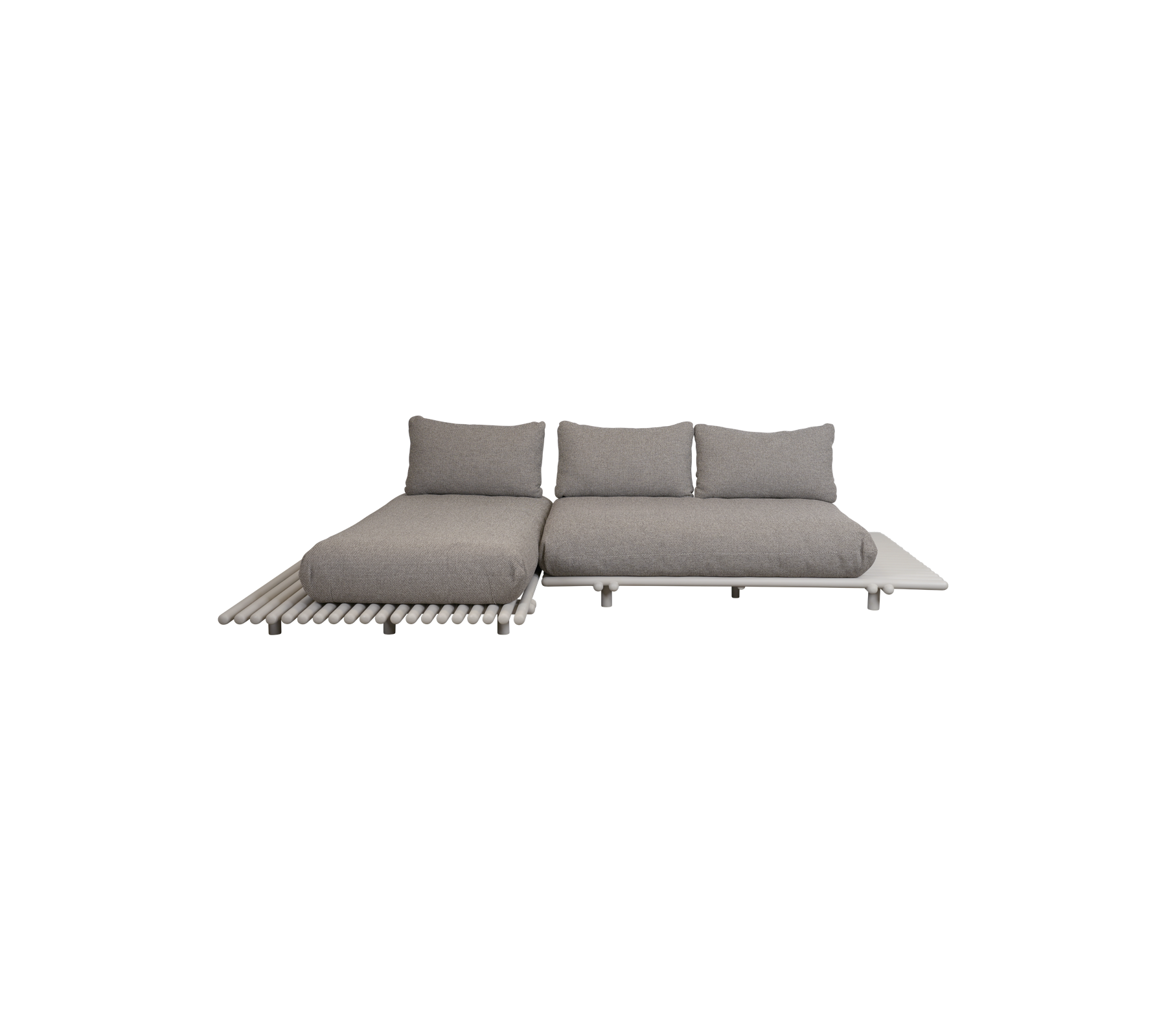 Modern gray sectional sofa design with plush cushions and a sleek wooden base, perfect for stylish lounging or gatherings.